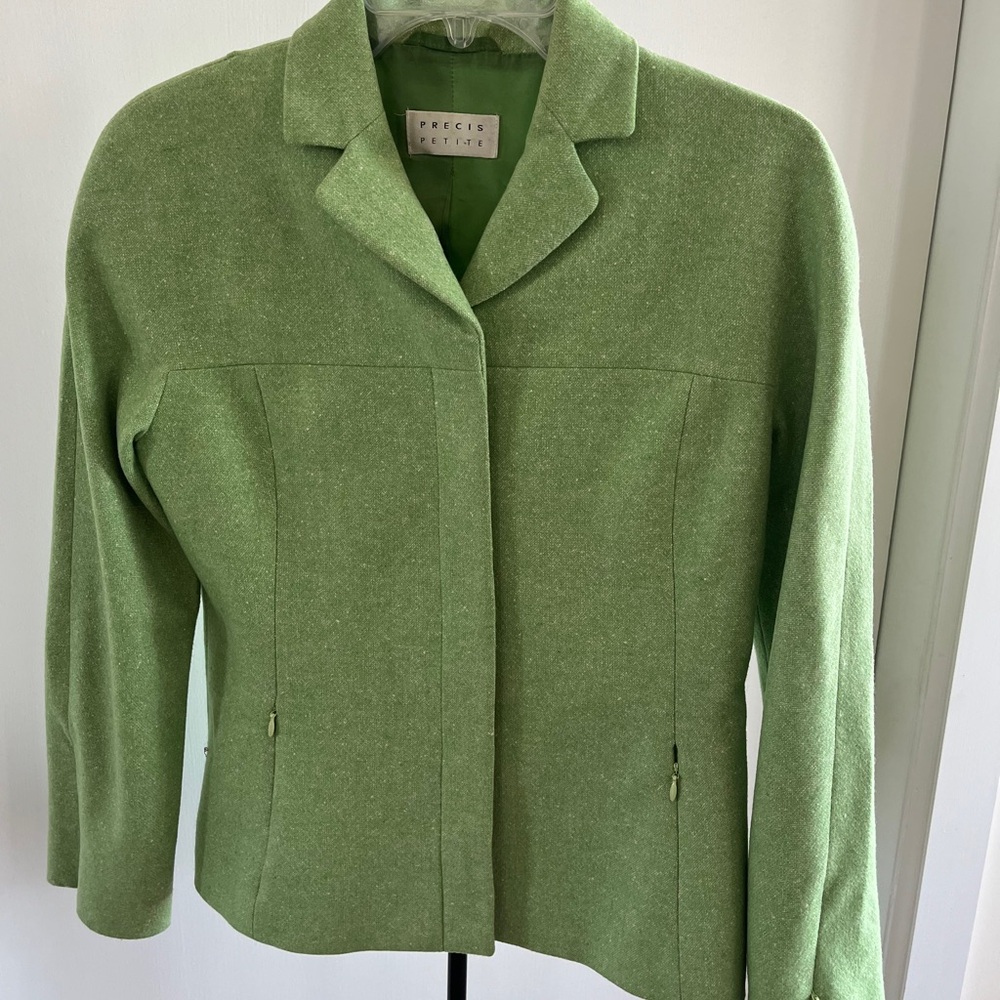 Precis Petite Designer Blazer Career Collared Jacket Women's Wool Green 10P / 8P